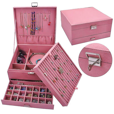 Grande Boîte à Bijoux en Velours rose avec tiroir