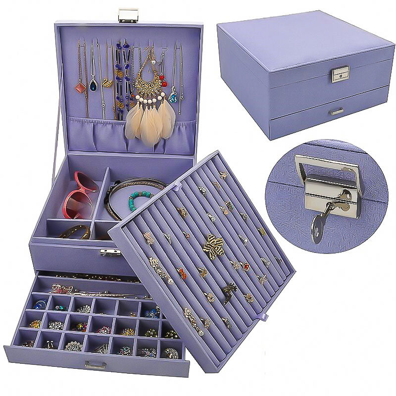 Grande Boîte à Bijoux en Velours violet vintage avec tiroir