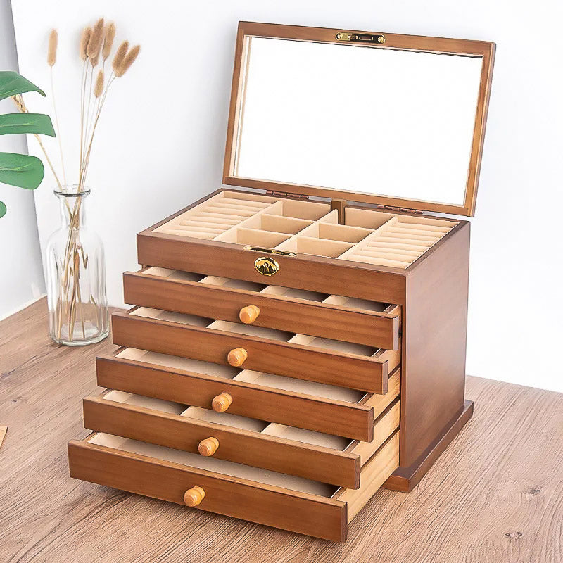 Boîte à Bijoux en Bois Grande Contenance avec miroir dans couvercle