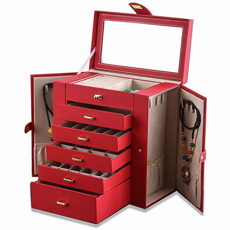 Belle Boîte à Bijoux en cuir rouge de Grande Contenance