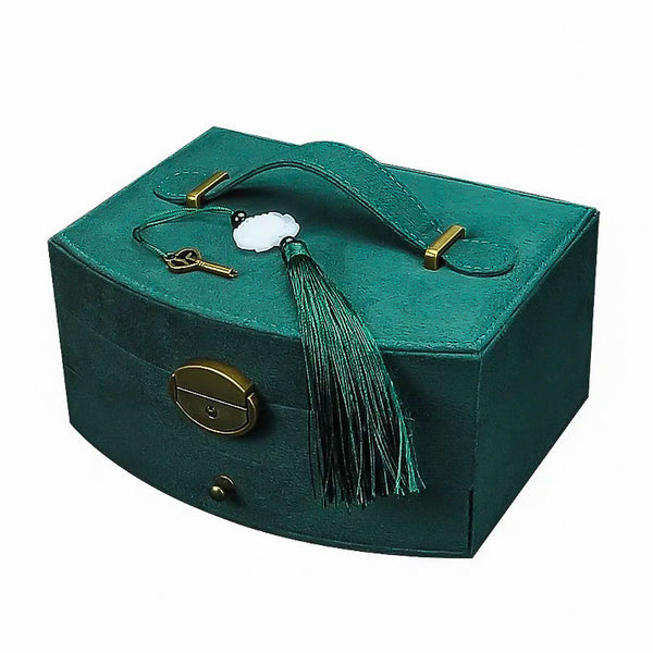 Casiwaft Boîte à Bijoux 3 Niveaux Avec Serrure - Organisateur Cuir Vert Foncé Pour Colliers, Bagues Et Bracelets