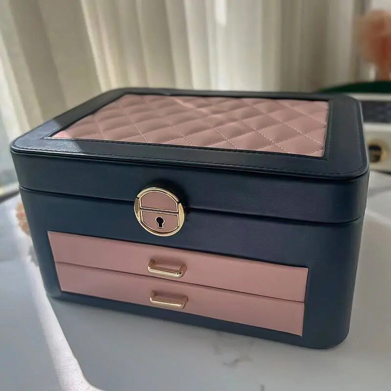 Boîte à Bijoux bleue avec tiroirs roses