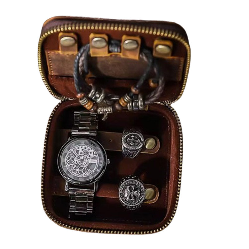 Boîte à Bijoux Rétro En Cuir Véritable Hiram - Étui De Voyage Avec Miroir Pour Homme Et Femme (Café)