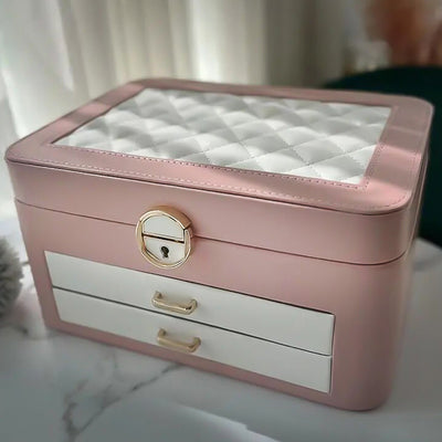 Boîte à Bijoux rose avec tiroirs blancs