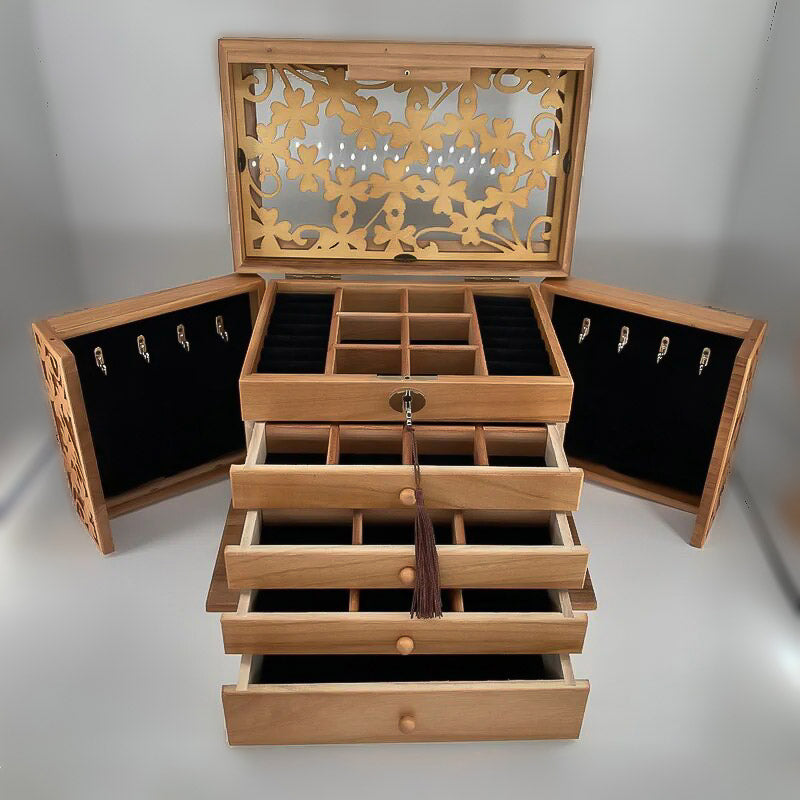Boîte à Bijoux en Bois avec tiroirs et couvercles ouverts