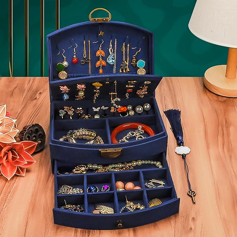 Boîte à Bijoux en Velours bleu marine avec Serrure à Clé