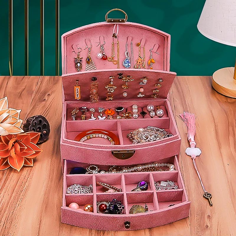 Boîte à Bijoux en Velours rose avec Serrure à Clé