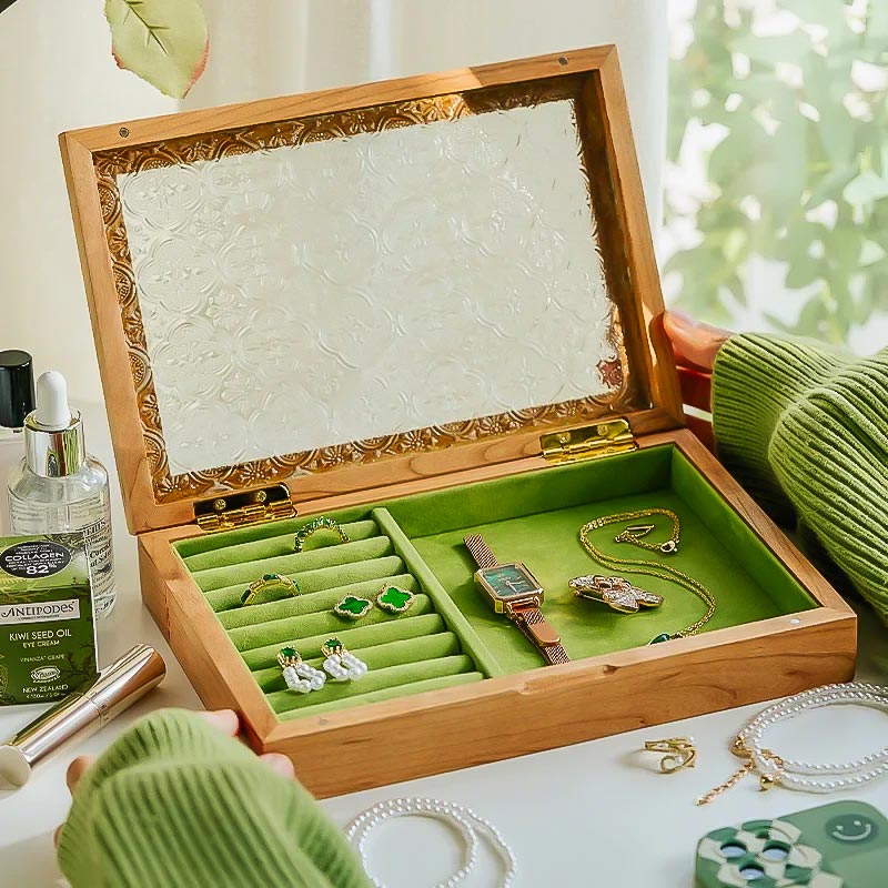 Coffret pour Bijoux en Bois et Verre Ancien avec velours vert