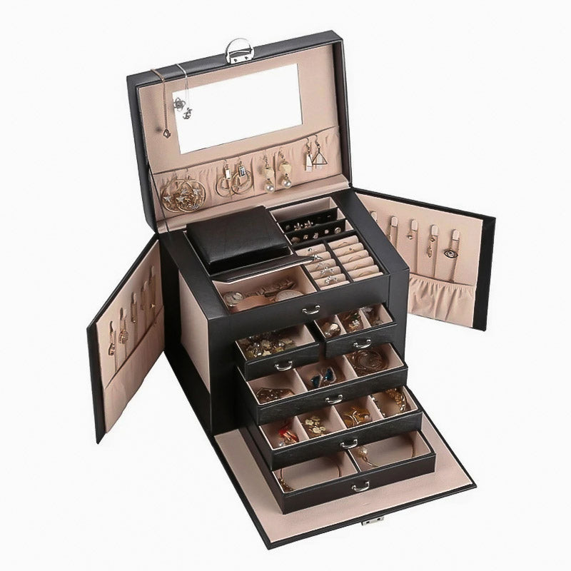 Notre Grande Boîte à Bijoux en Cuir noir et le miroir dans le couvercle